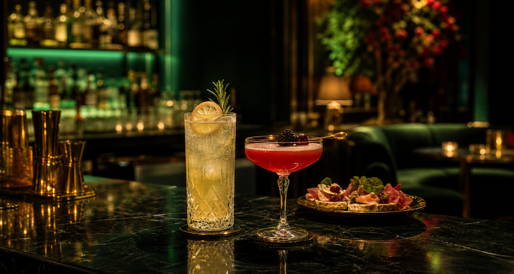Craft cocktails and appetizers in a moody emerald cocktail lounge